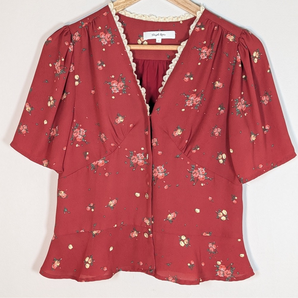 Simple Retro Red Floral Lace Trim V-Neck Button Front Blouse Size L Cottage Core